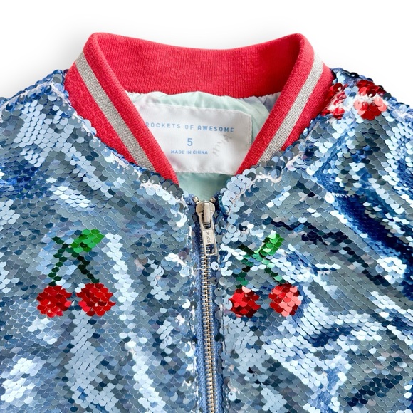 Rockets of Awesome Sequin Cherry Bomber Jacket Girls Size 5 Blue Red Sparkly - Picture 6 of 16